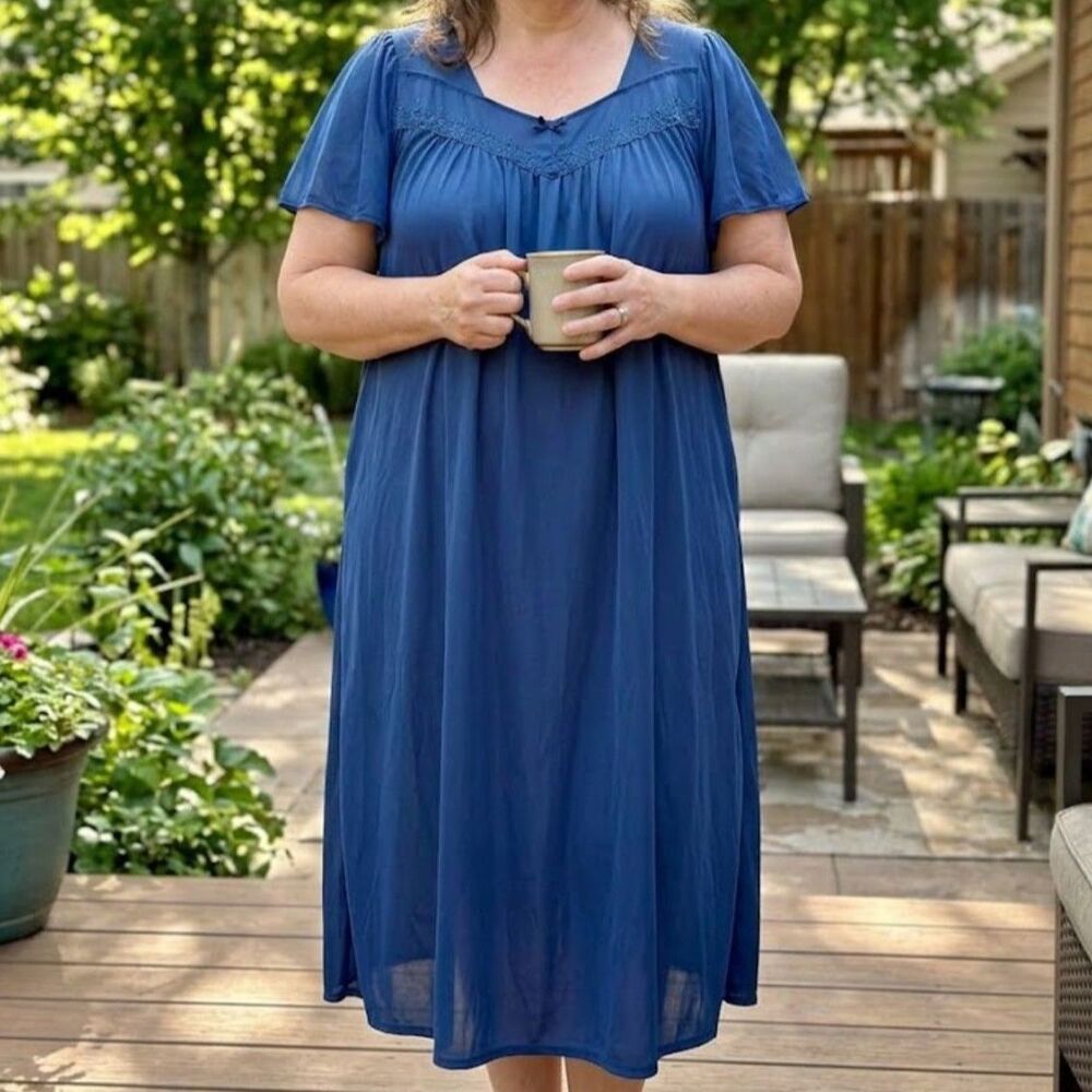 Heavenly Bodies Navy Blue Silky Tricot Embroidered Maxi Nightgown Plus Size 2X